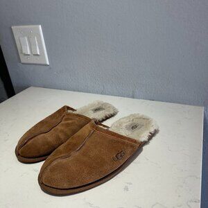 UGG Scuff Slippers Chestnut Suede Sheepskin Wool Lined House Slippers Men’s 10